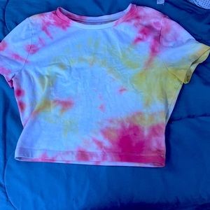 white pink and yellow tie-dye crop shirt